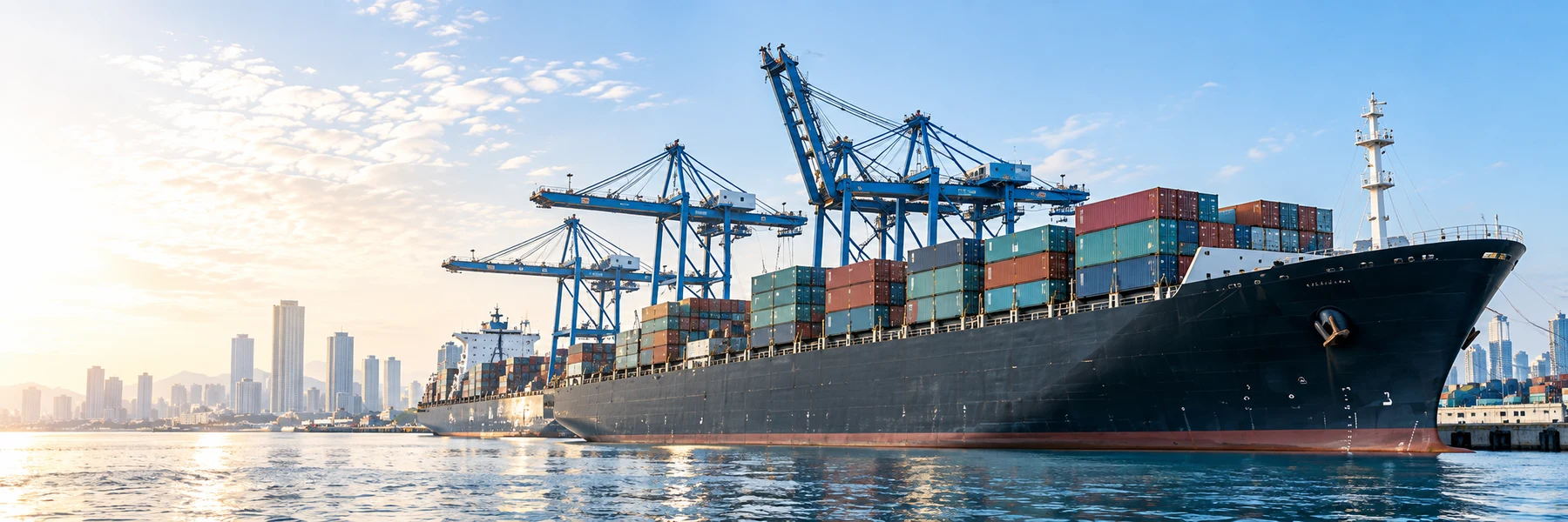 Representative international container port and cargo ship